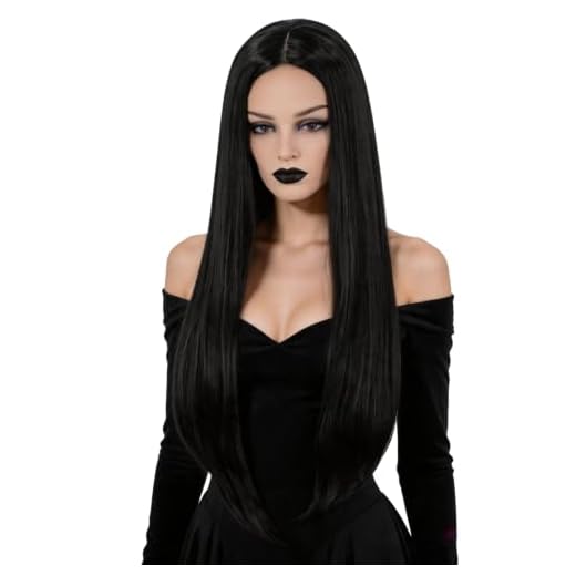 Topcosplay Women Wigs Black Long Straight Middle Part 28inch Cosplay Costume Hair Replacement Wigs