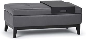 SIMPLIHOME Oregon Storage Ottoman Bench with Tray - 42 inch Wide Upholstered Vegan Leather Rectangle Storage Ottoman Bench in Stone Grey, Transitional Tufted Ottoman for Living Room with Lift-Up Lid