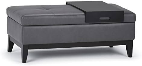 SIMPLIHOME Oregon Storage Ottoman Bench with Tray - 42 inch Wide Upholstered Vegan Leather Rectangle Storage Ottoman Bench in Stone Grey, Transitional Tufted Ottoman for Living Room with Lift-Up Lid
