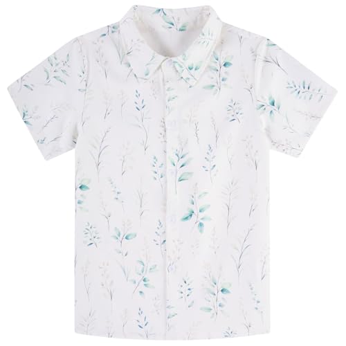 Image of uideazone Boys Size 7-8 Watercolor Botanical Button Down Shirts - Kids Green Leaf Print Short Sleeve Casual Shirt Minimalist Floral Shirt Perfect for School,Family Gathering,Spring Outdoor Activities
