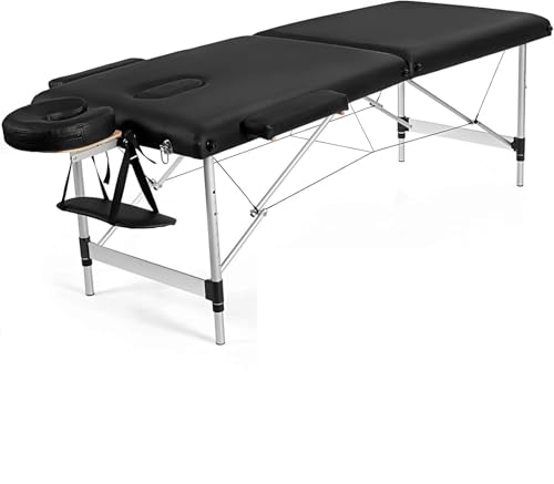 Mesa de masaje de 84 pulgadas, cama de pestañas plegable con marco de aluminio, altura ajustable, cama de masaje facial profesional de 2 pliegues for salón de tatuajes Para Fisioterapia Y Tatuaje(Blac