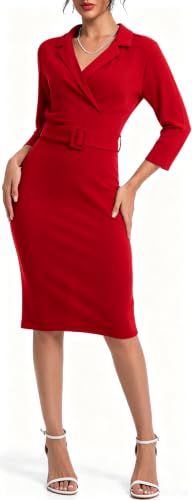 Image of SxClub Dresses for Women 3 /4 Sleeve Business Knee Length Pencil Dress | Women's Elegant Dress Wear to Work Sexy V Neck Cocktail Evening Fall Outfits with Belt