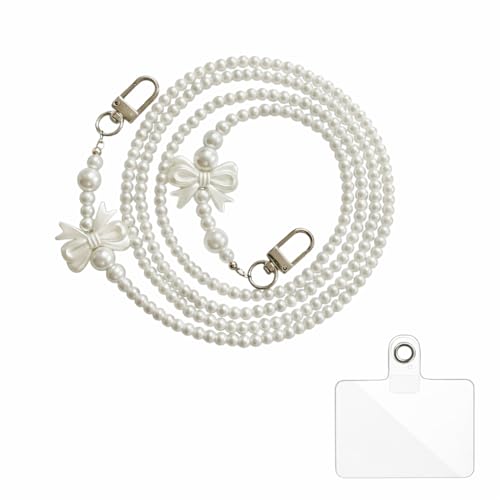 Image of KHOLAD White Bow Phone Chain Crossbody Pearl Strap | 2in1 Wrist & Shouler Crossbody Lanyard | Pearl Beads Charms Chain with Phone Tether Patches | Compatible with Most Phones, Bag, Purse
