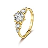 Dsnyu Moissanite Anillo de oro, alianzas de boda para mujer, redondo, con 6 garras y moissanite de 1 quilate, oro amarillo de 9 K/14 K/18 K, 14, Oro amarillo 585 de 14 quilates, Moissanita