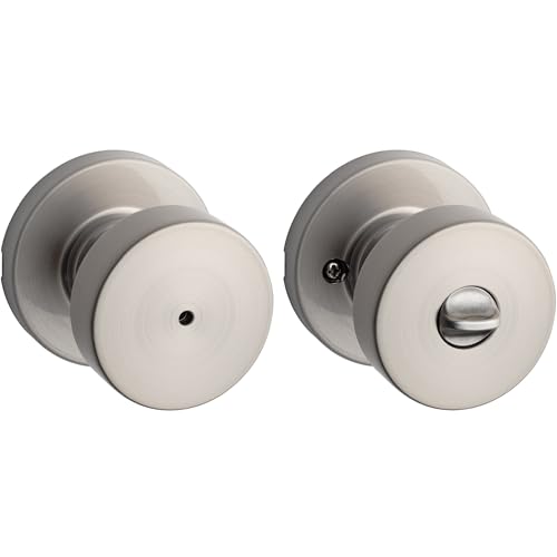 Kwikset Pismo Interior Privacy Door Knob with Lock Door Handle For Bathroom and Bedroom Satin Nickel Keyless Turn Lock Doorknob with Microban Protection