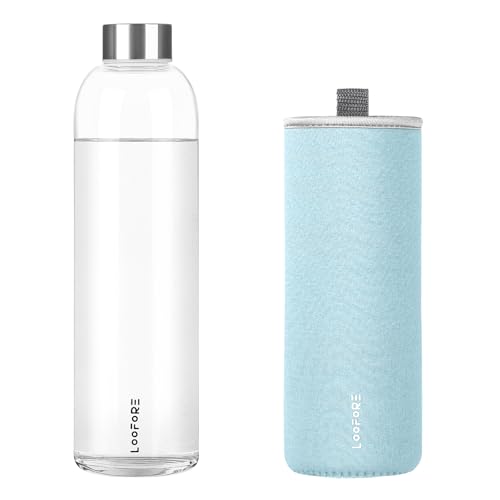 LOOFORE Borraccia in Vetro 1 litro, Bottiglia d'Acqua Trasparente Portatile con Guaina Protettiva in Neoprene, Bottiglia Vetro 1 Litro per Acqua per Il Campeggio Viaggi tè Ufficio