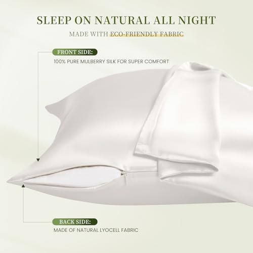 Image of THXSILK Mulberry Silk Pillowcase King Size, Set of 2 Pillowcases, Pillow Cover with Hidden Zipper, Soft Smooth Cooling Pillowcases for Hair and Skin, Gift for Women Men, White