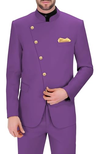 HANBANGWEI Men's Mandarin Collar Suits 2 Piece Chinese Tunic Suit Purple Slim Fit Blazer Groom Groomsmen Wedding Prom Suits Bandhgala Nehru Suit Alternative, S