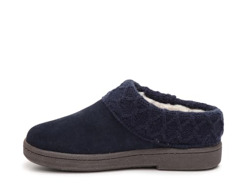 Clarks Clarks Womens Suede Leather Comfort Clog Knitted Collar Slipper - Plush Faux Fur Trim - Indoor Outdoor House Slippers For Women (Navy/Grey 6M)