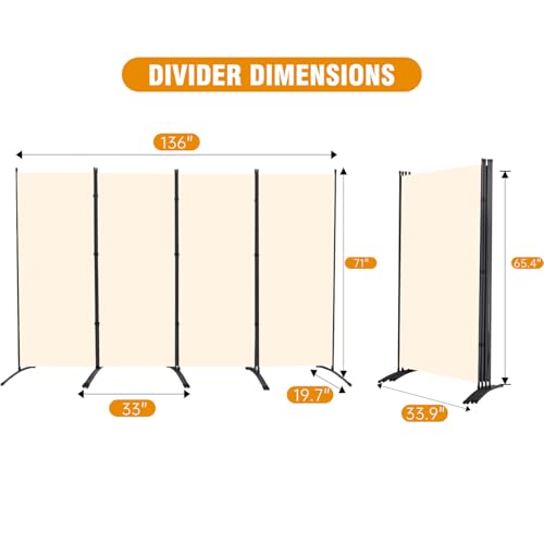 CHOSENM 4 Panel Folding Privacy Screens, 6 FT Tall Wall Divider with Metal Frame, Freestanding Room Divider for Office Bedroom Study (4 Panel, Beige)