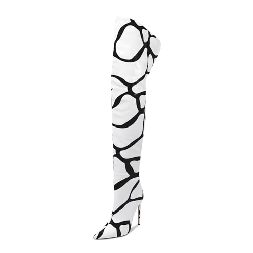 Image of Thigh high boots for women striped Back zipper Burgundy Zebra Print Over the knee Sexy gold white pointed toe Cow Print leopard Magenta stiletto heel