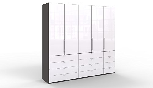 Preisvergleich Produktbild WIEMANN Loft Kleiderschrank, Schlafzimmerschrank, Gleittürenschrank, Drehtürenschrank, mit Schubladen, Glas weiß, Havanna, B / H / T 250 x 236 x 58 cm