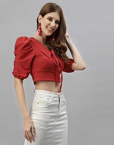Image of Mehrang Women's Solid Ribbed Crop Tank Top Ribbed Tops for Women V-Neck 3 /4th Balloon Sleeves