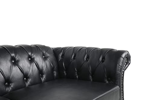 Image of Chesterfield Sofa Leather, Modern PU Tufted Couch 3 Seater with Rolled Arms and Nailhead for Living Room, Bedroom, Office, Apartment (Black)