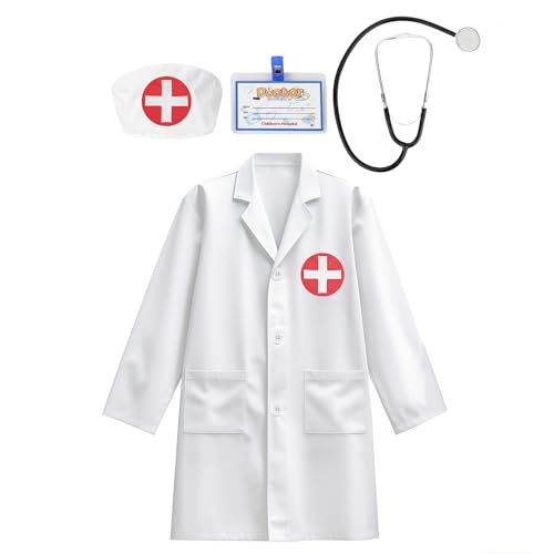 Kids Doctor Coat Set Halloween Cosplay Dress up Career Day Gift for Boys and Girls 3-12Years Old 4PCS