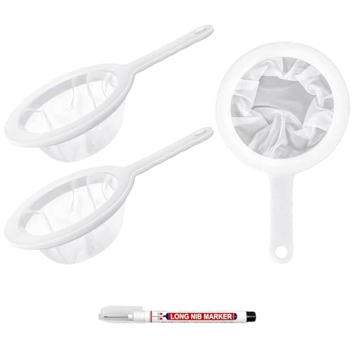 Juego de colador fino, 3 piezas 100/200/400 malla colador de pelo de cocina con mango + 1 rotulador negro para kéfir, zumo, leche, café, filtro de alimentos de plástico
