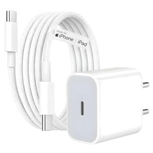Image of RAVIAD 20W Original (MFi-Certified) Super Fast Charger Adapter & Type C to C Braided Cable, Compatible with iPhone 17 /17 Air /17 Pro /17 Pro Max /16 /15 Series, iPad & Other Devices I PD Wall Charger