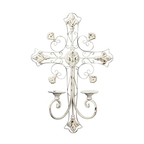 Rustic Large Candle Wall Sconce 24 Inch, Distressed White Metal Candle Sconces, Silver Wall Candle Holder, Antique Metal Art Wall Decor For Living Room Bedroom Dining Room #TOP4