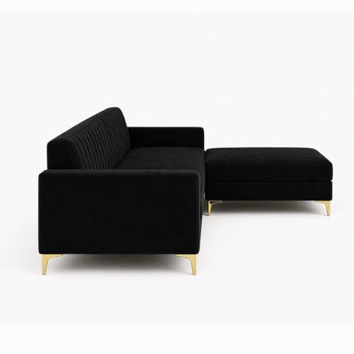 Image of SOCOZI Morello 4 Seater L Shape Sofa Set with Movable Ottoman | Flexible Left or Right Layout | Soft Velvet Suede Fabric | Modern Design | Plush Comfort Cushions for Living Room (Black)
