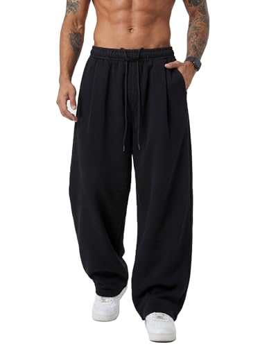 Image of Mens Baggy Sweatpants Wide Leg Casual Elastic Waist Drawstring Athletic Loose Jogger Fall Sweat Pants with Pockets