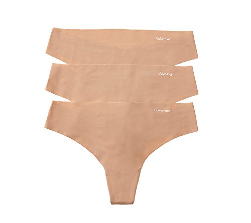 Calvin Klein Underwear Women's 3 Pack Invisibles Thongs, Light Caramel, Tan, Large