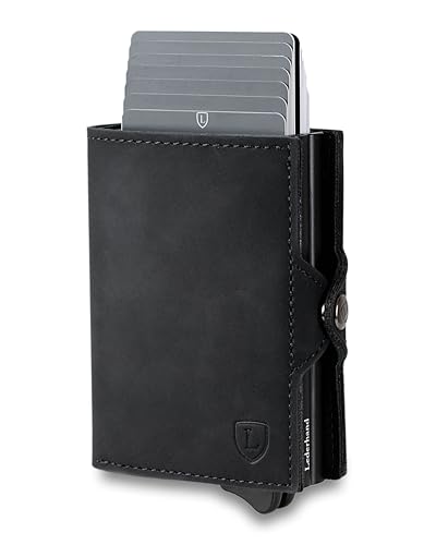 Lederhand® Swipe Vintage XL – Premium Wildleder Geldbörse handgemacht für Herren und Damen Portemonnaie Aluminium Kartenhalter mit Münzfach und Platz für 17 Karten mit RFID NFC Schutz | Schwarz