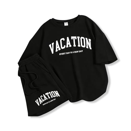 Image of Size 6-12 Years Girl's Tracksuit Sets 2 Piece Outfits Letter Print Vacation Tee Top and Drawstring Waist Shorts