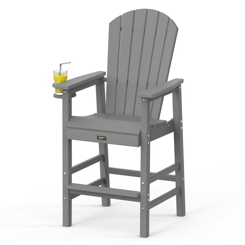 VINGLI Tall Adirondack Chair, All-Weather Plastic Adirondack Chair with Cup Holder Heavy-Duty Outdoor Barstools for Patio, Pool, Balcony,Backyard (Gray, 1 PCS)