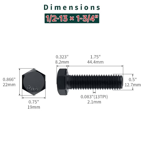 Image of 1 /2-13 x 1-3 /4 inch Hex Bolts with Nuts and Washers (6 Sets), 18-8 (304) Stainless Steel, External Hex Drive, Black Oxide Coated Hexagon Head Bolts Screws, Fayeploo
