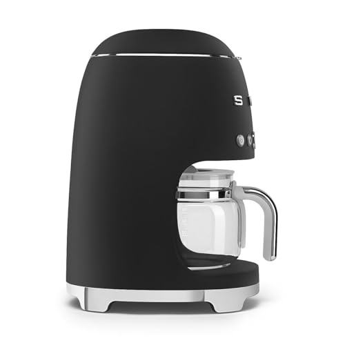 Image of Smeg 50's Retro Style Aesthetic Drip Coffee Machine with 10 Cup Glass Carafe, Auto Start Feature, Keep Warm Plate, and Two Coffee Strength Settings (Matte Black)