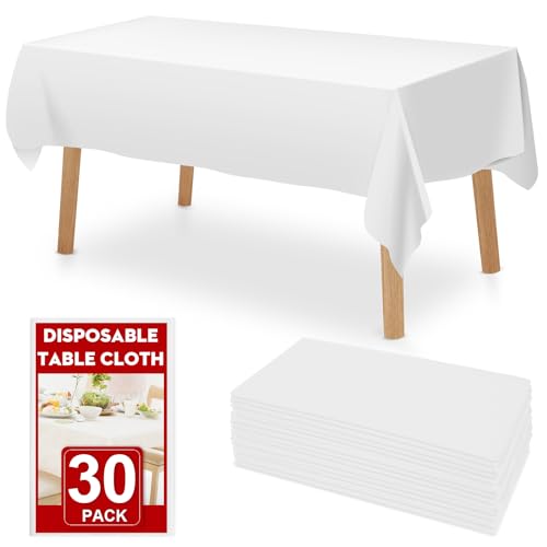 RowinsyDD 30 Pack White Plastic Table Cloths Disposable?54 x 108 Inches Plastic Table Cover for Rectangle Tables?Disposable Tablecloth for Dinning?Parties?BBQ?Wedding?Outdoor