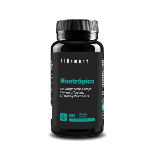 Nootrópico - Ginkgo Biloba, Bacopa Monnieri y L-Teanina - 60 Cápsulas | con L-Tirosina y Vitaminas del Grupo B - Fórmula Propia, Vegano - 1 Cápsula al Día, 4 Meses de Suministro - Zenement