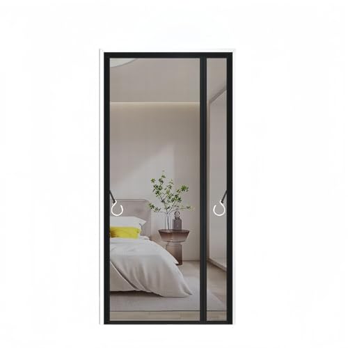 玄関用マグネット式網戸カーテン グレーサイド開口部 幅90cm×高さ220cm | ガラス繊維メッシュ採用・両開きタイプ | 自動で閉まる・換気対策・簡単取り付け・両面マジックテープ付き | 玄関/寝室/ベランダ/ガレージ対応 (黒サイド開口部,幅90cm