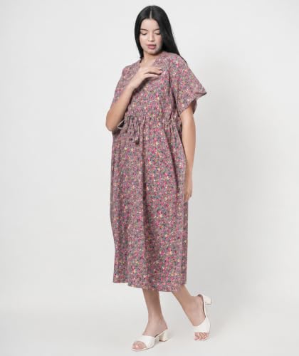Image of Noty Women's- Kaftan | Maxi | Maternity | Feeding | Delivery Gown- Cotton Fabric- V Neck | Floral Print | 2 Pockets | Midi