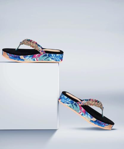 Image of ZAPATOZ Women's Floral Platform Sandals with Braided Gold Embellishment, Black Velvet Thong Slippers, Printed Sole Design