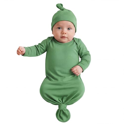 Image of Newborn Knotted Baby Gown 0-6 Months, Super Soft Breathable Nightgowns for Babies Girl and Boy, Baby Girls Coming Home Hospital Outfit with Hat Set Green