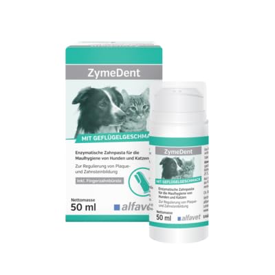 alfavet ZymeDent, Enzymatische Zahnpasta für Hund und Katze bei Plaque, Zahnstein, Maulgeruch und Zahnfleischentzündung, Tube 50ml mit Fingerzahnbürste