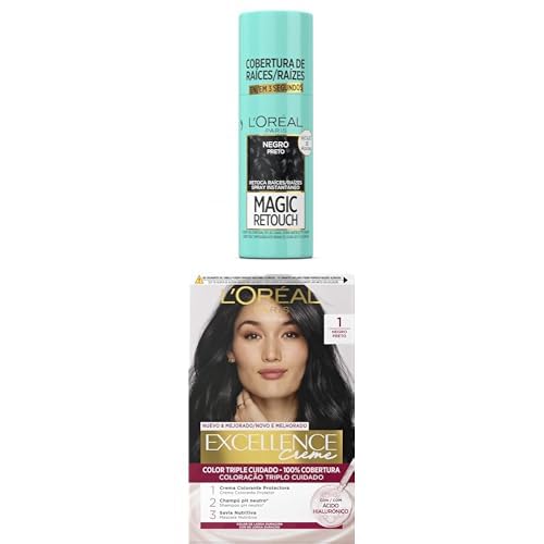 Pack L'OREAL PARIS Magic Retouch Spray Retoca Raíces y Canas Negro + L´ORÉAL PARIS Excellence Creme Tinte Permanente - Tono 1 Negro