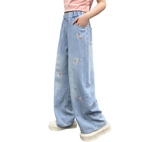 Girls Wide Leg Jeans Cherry Embroidered Coquette Trousers Baggy Casual High Waist Stretch Tween Denim Pants with Pocket 4-15Y