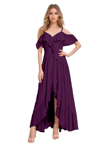 Cold Shoulder Bridesmaid Dresses for Women 2024 Chiffon Ruffle A-Line Hi-Lo Formal Evening Gowns V-Neck Open Back