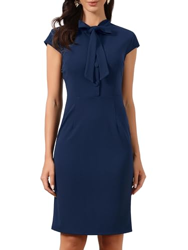 Image of Allegra K Work Dress for Women Cap Sleeve Bow Tie Side Zipper Sheath Business Casual Bodycon Dresses