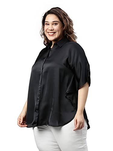 Image of The Pink Moon Women's Regular Fit Plus Size Black Satin Kaftan Top - (SHR TIM10W Black)