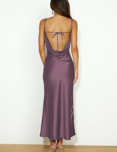 Image of Summer Satin Spaghetti Strap Cowl Neck Backless Midi Dresses for Women Elegant Tie Low Back Ruched Cocktail Dress