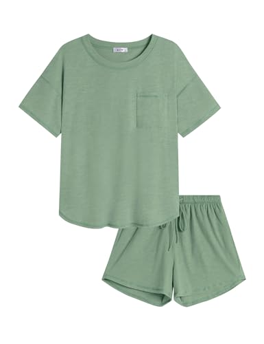 Image of KCW Pajamas for Women Set 2 Piece 100% Cotton Lounge Sets Short Sleeve Top and Shorts Pj Set Sleepwear Outfits