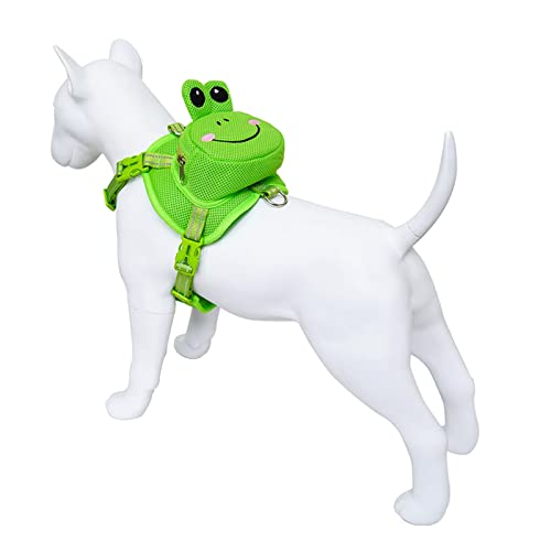 Dog Harness Backpack, Pet Harness Vest Cute Doggie Carrier Backpack with D Rings for Small Medium Dogs Outdoor Walking Travel Hiking (Green Frog, L)
