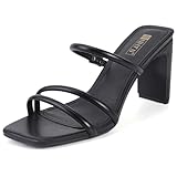 IDIFU Black Strappy Heels High Chunky Block Heels Square Toe Three Strap Slip On Heels Comfortable Slides Heeled Sandals Sexy Wedding Party Dress Shoes Open Toe Mules Heels for Women(Black Pu, 9)
