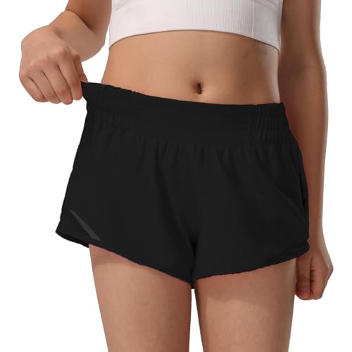 HXUNJW Short atlético para meninas, leve, para adolescentes, com bolso com zíper e elástico, Preto,