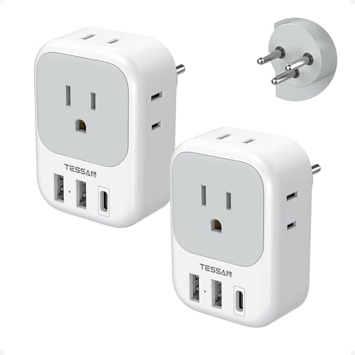 TESSAN Israel Adapter Plug 2 Pack, 7 in 1 US to Israel Power Adapter with 3 USB Ports (1 USB C Port)