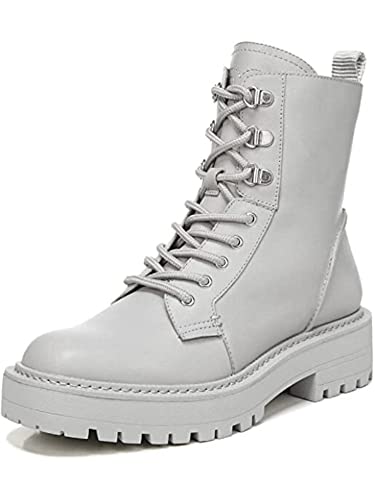 Image of Sam Edelman LUE Pebble Grey Chunky Heel Rounded Toe Lace Up Ankle Combat Boots (Pebble Grey, 10.5)