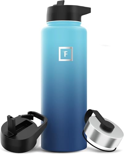 IRON °FLASK Camping & Hiking Hydration Flask with 3 Lids - Stainless Steel, Double Walled & Vacuum Insulated Water Bottle - Leak Proof & BPA Free (Blue Waves, Straw - 40 oz)